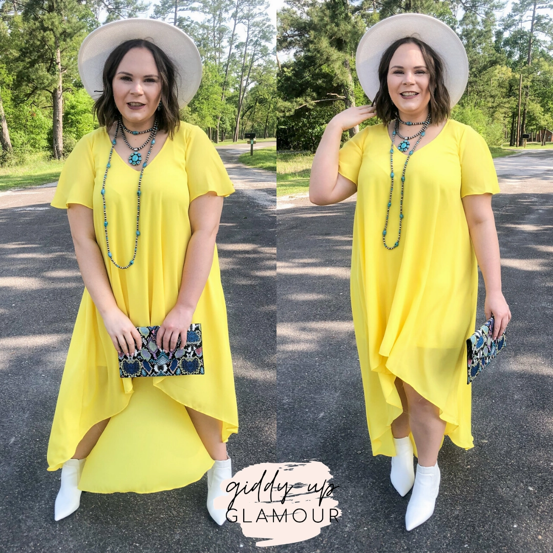 Last Chance Size Small & Med. | Girl On Fire Short Sleeve High-Low Dress with V-Neck in Lemon Yellow Light Core