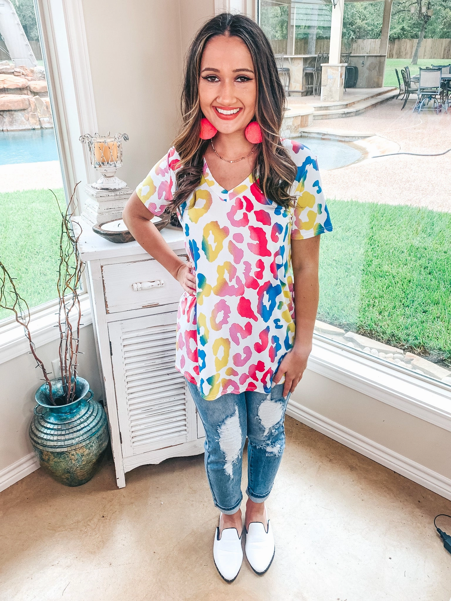 Last Chance Size Small & Med. | Keep Things Simple Large Leopard Print V Neck Tee in Multi Relax Mode FlexibleCollarDesign