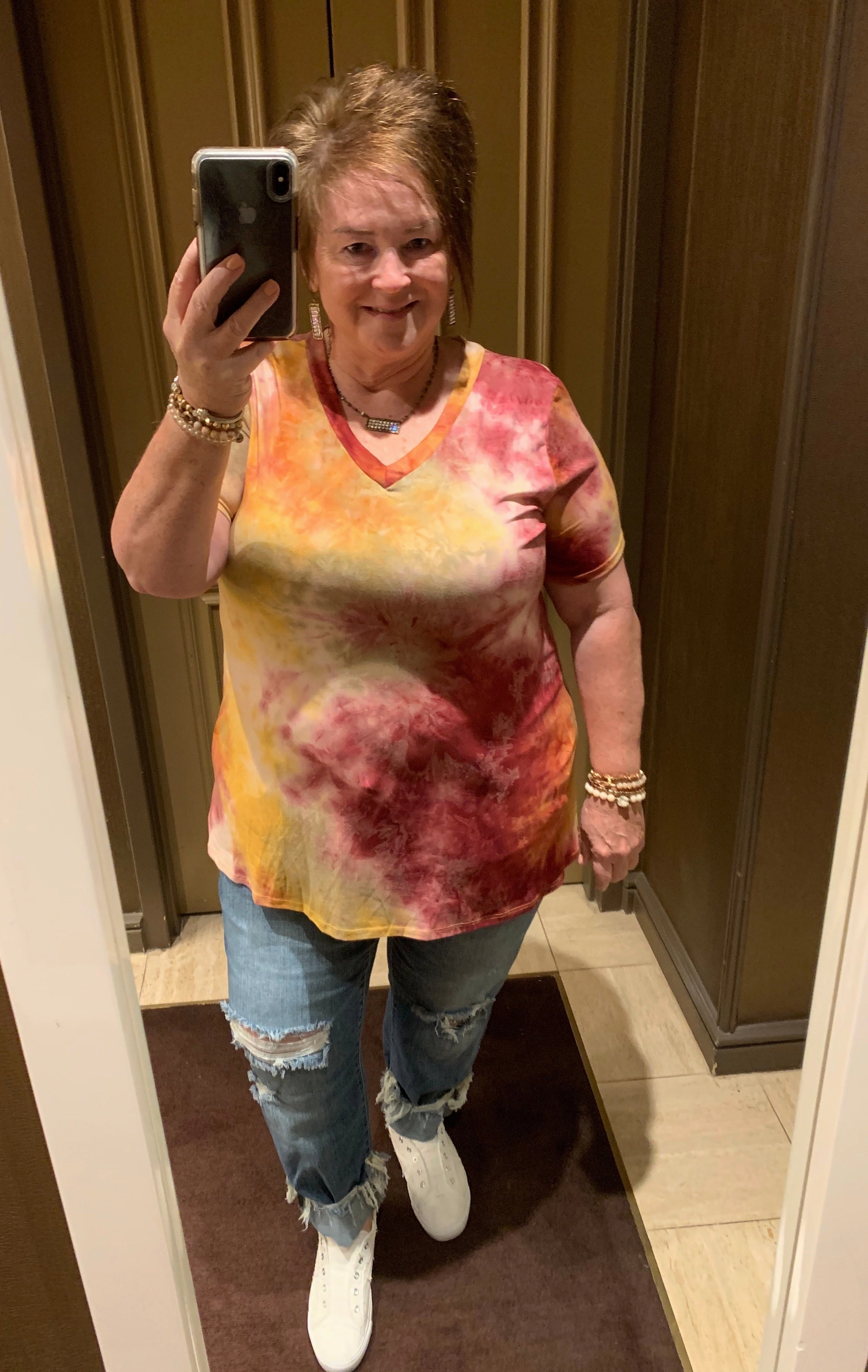 Last Chance Size Small & Med. | Keep Things Simple Tie Dye V Neck Tee in Maroon and Mustard AntiPillingFabric