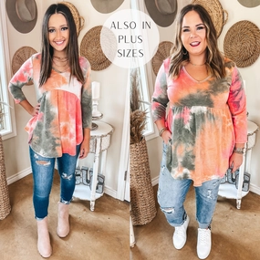 NonChafe LayeredPaneling Last Chance Size Small & Med. | Make It Better 3/4 Sleeve Tie Dye Babydoll Top in Pink and Olive Green