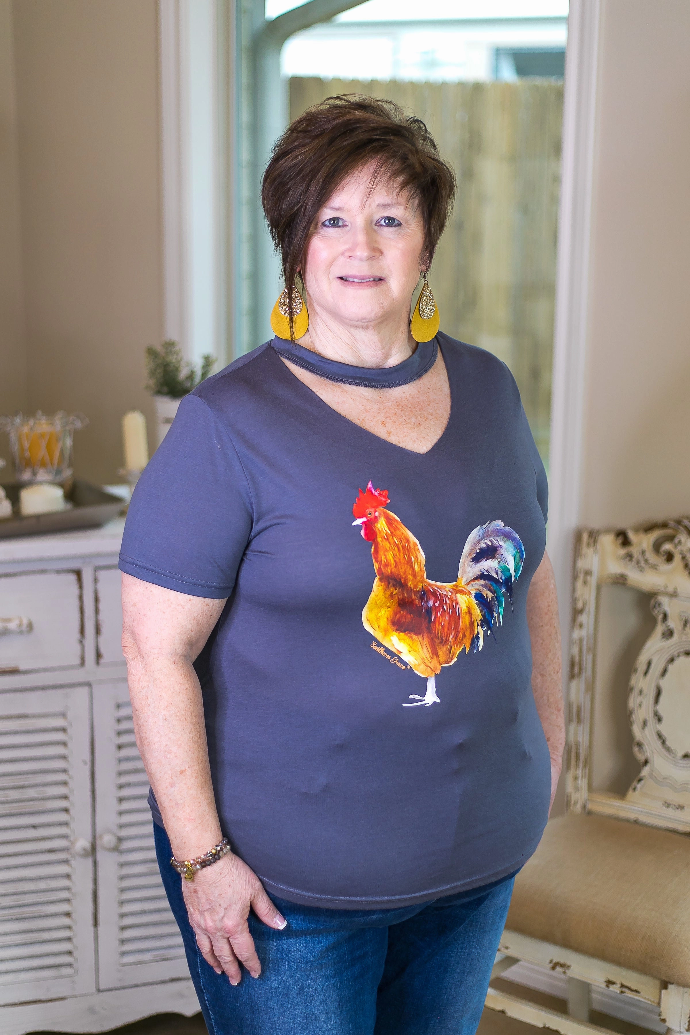 Last Chance Size Small & Med. | Rule The Roost Watercolor Rooster Tee with Keyhole Cutout in Charcoal Simple Comfort Look