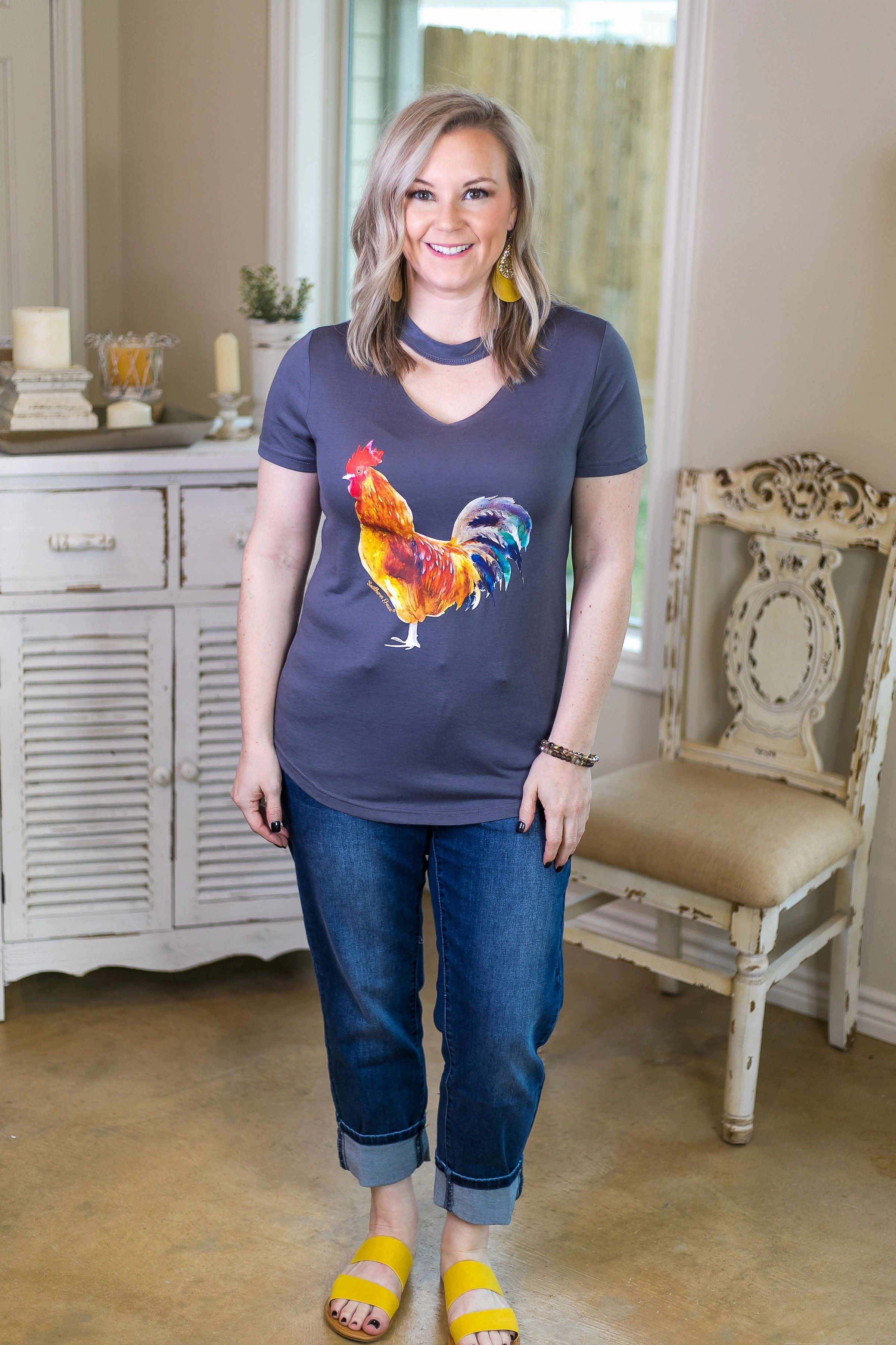 Last Chance Size Small & Med. | Rule The Roost Watercolor Rooster Tee with Keyhole Cutout in Charcoal Breathable mesh lining On-the-Go Fashion