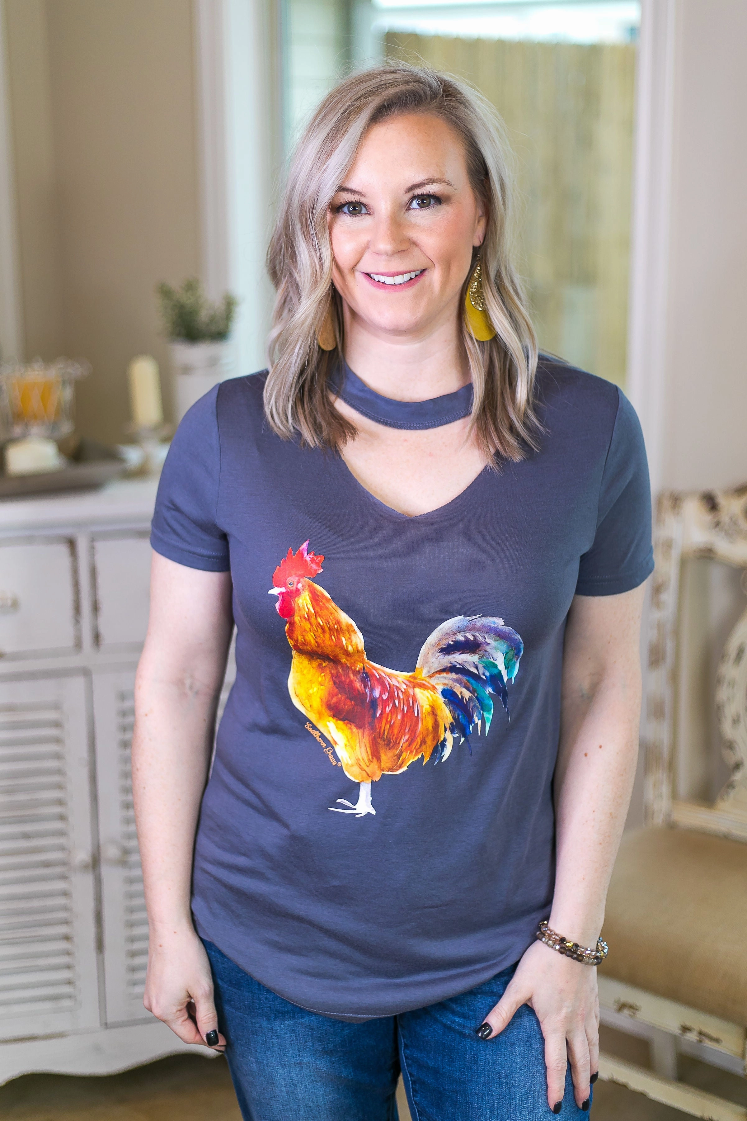 Last Chance Size Small & Med. | Rule The Roost Watercolor Rooster Tee with Keyhole Cutout in Charcoal DurableStitching