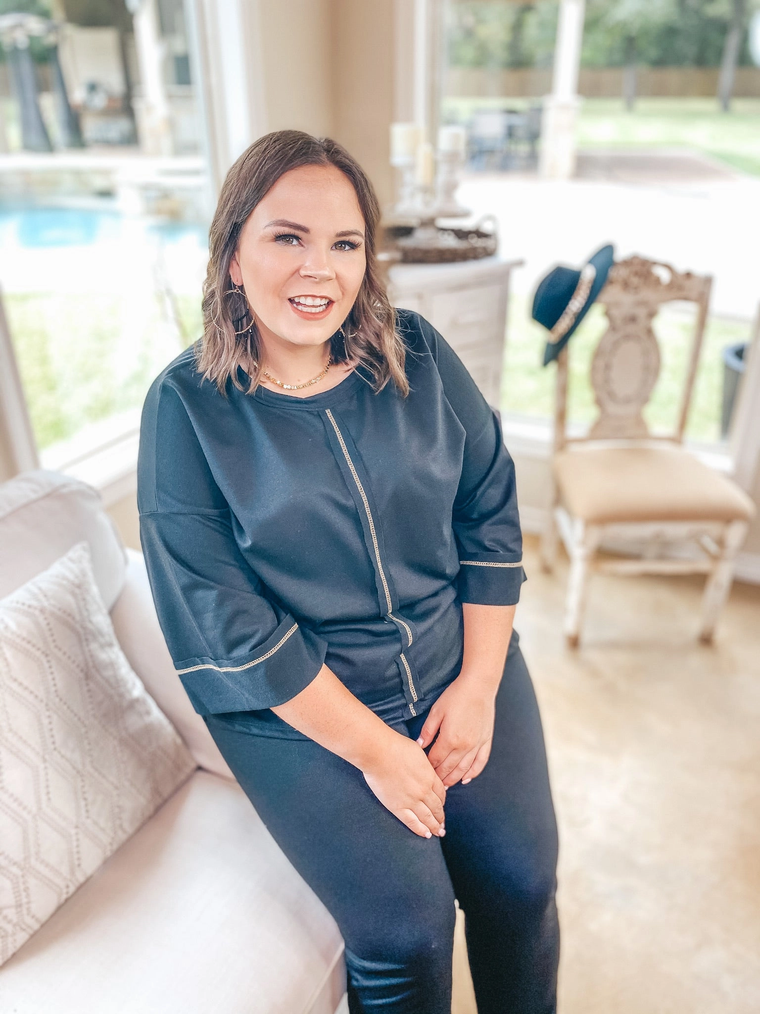 Last Chance Size Small & Med. | You've Got This Wide 3/4 Sleeve Top with Exposed Serged Seam in Black Neat Edge Road Soul