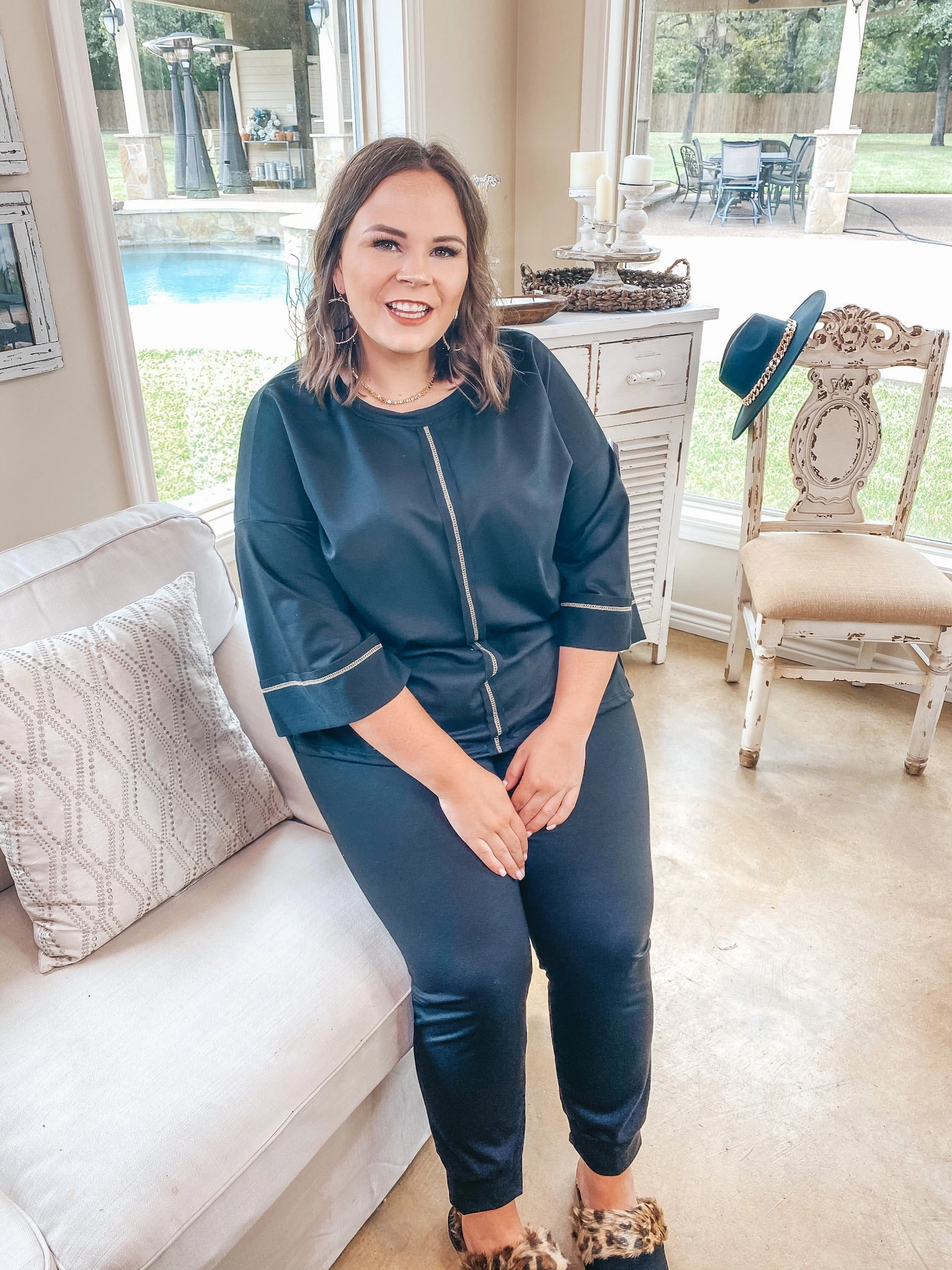 Tagless Design Last Chance Size Small & Med. | You've Got This Wide 3/4 Sleeve Top with Exposed Serged Seam in Black