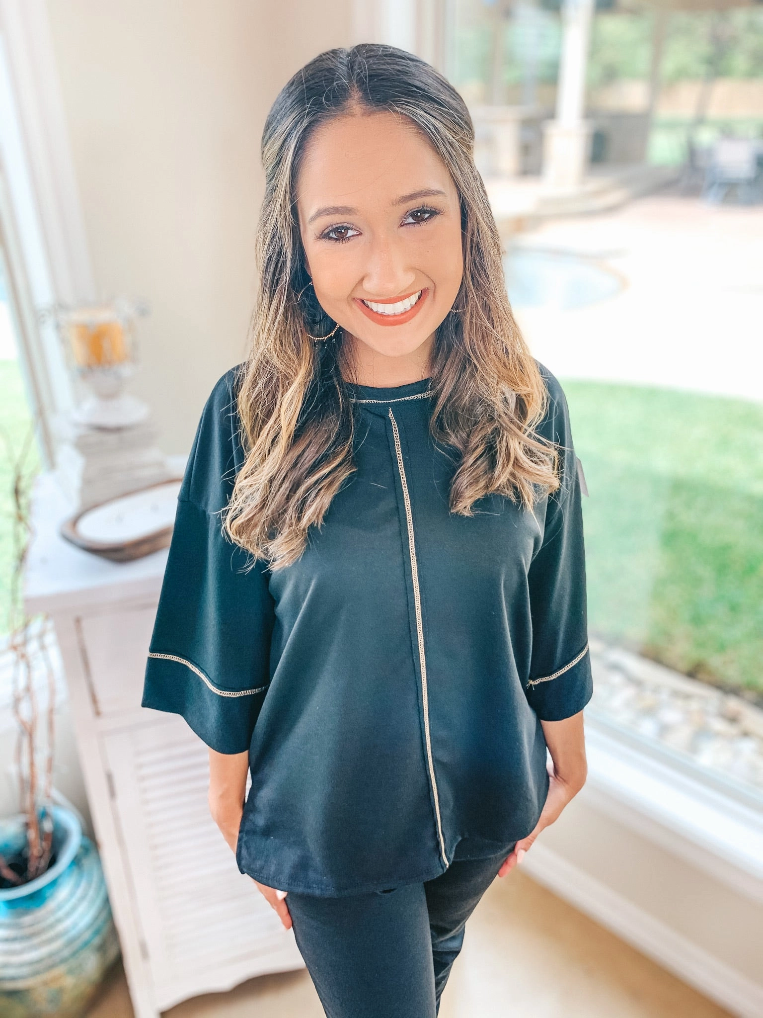 Reflective accents Airflow Vents Last Chance Size Small & Med. | You've Got This Wide 3/4 Sleeve Top with Exposed Serged Seam in Black