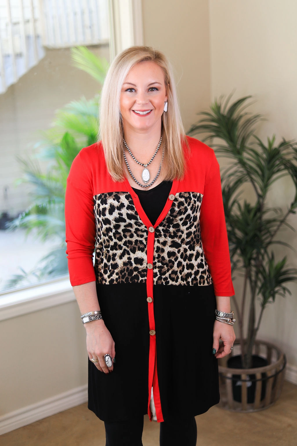 Easy Tunic Last Chance Size Small & Medium | Another Glance Leopard Print Color Block Cardigan in Red