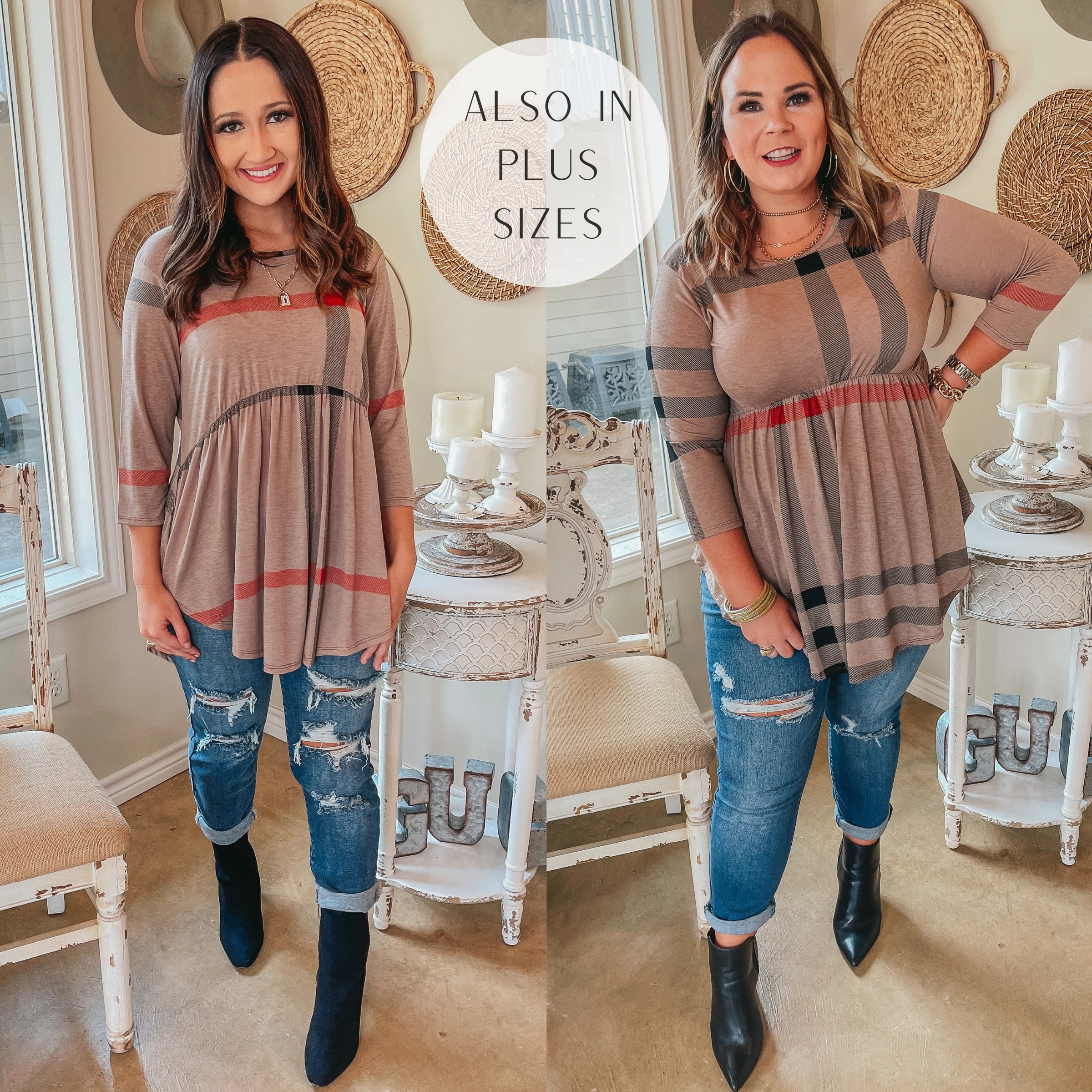 Comfortable Outfit All-Occasion Wear Last Chance Size Small & Medium | As You Wish Plaid Baby Doll Top in Taupe