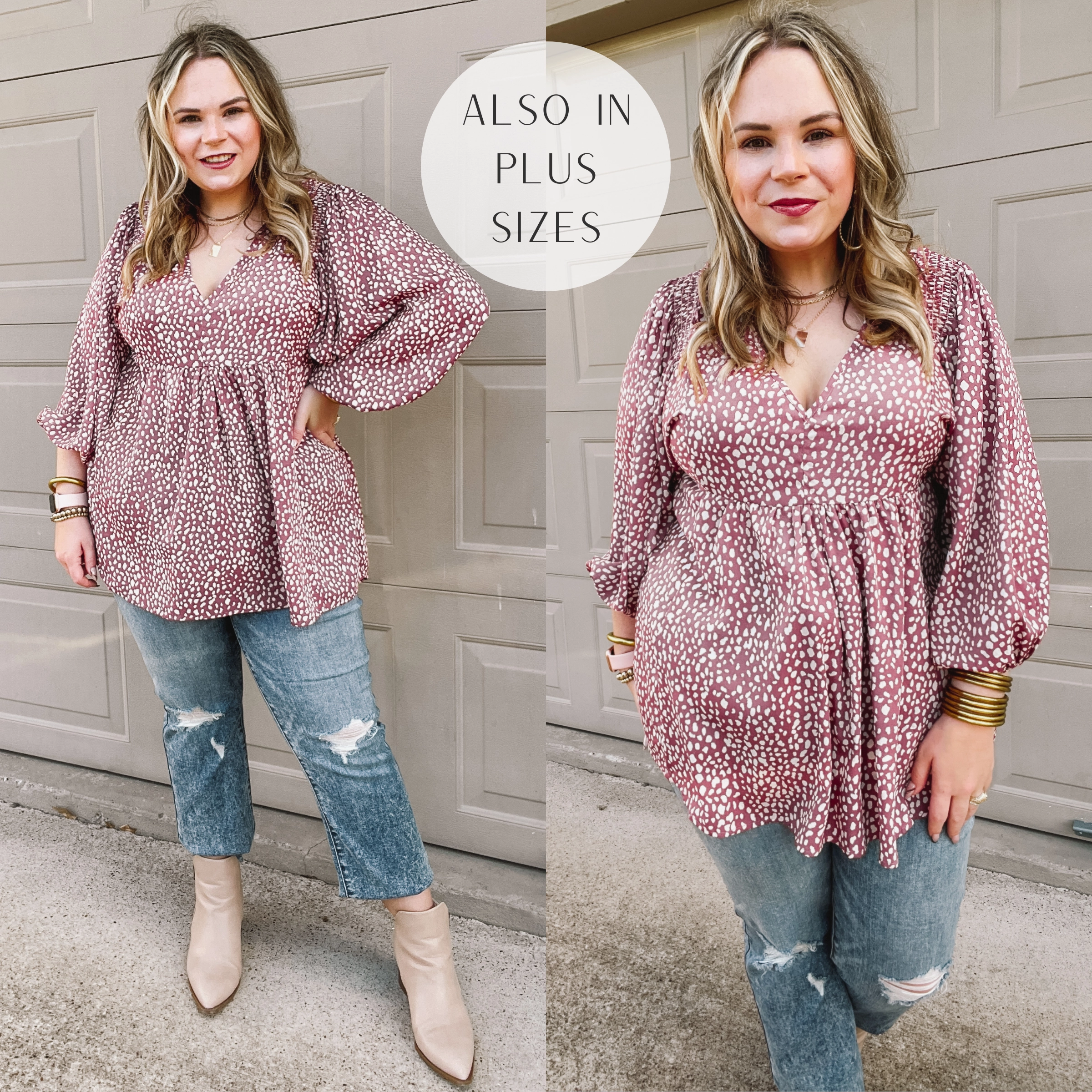 Last Chance Size Small & Medium | Charming Day Dotted Babydoll Top with Ruched Shoulders in Mauve Cyber Glow Thick Glow