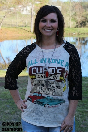 Last Chance Size Small & Medium | Cupids Drive In Baseball Tee with Black Lace Sleeves Teen Fresh ChafeResistant Seams