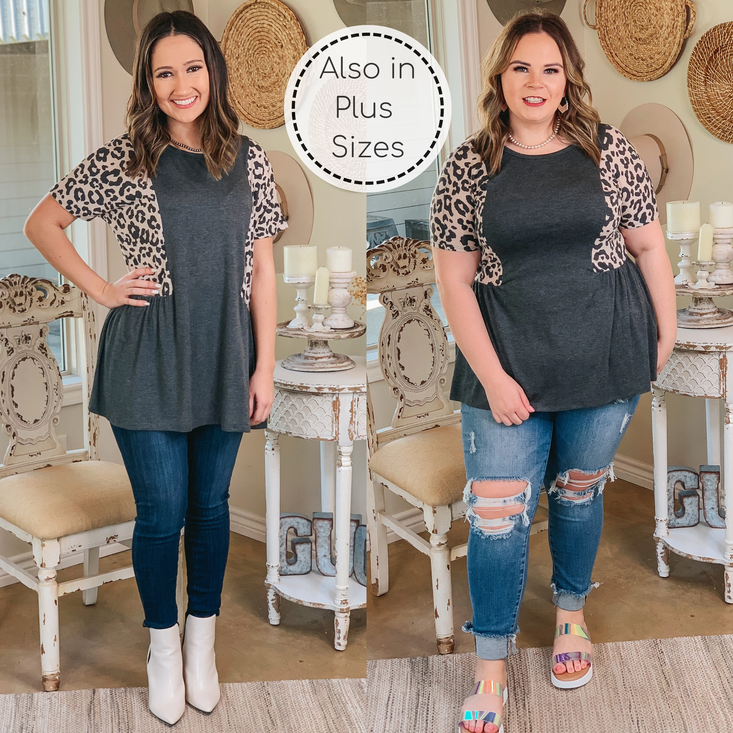 Last Chance Size Small & Medium | Flirtatious Heart Leopard Side Babydoll top in Grey SweatAbsorbentLining Morning Ease