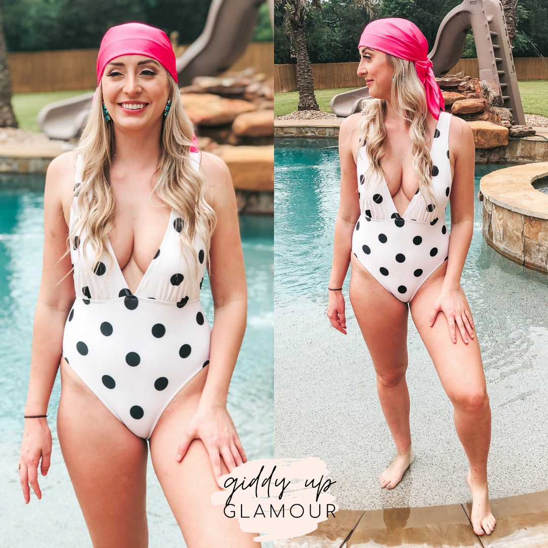 Last Chance Size Small & Medium | Getting Hotter Deep V Neck Polka Dot One Piece Swimsuit with Tie in Ivory NoSlip Hem