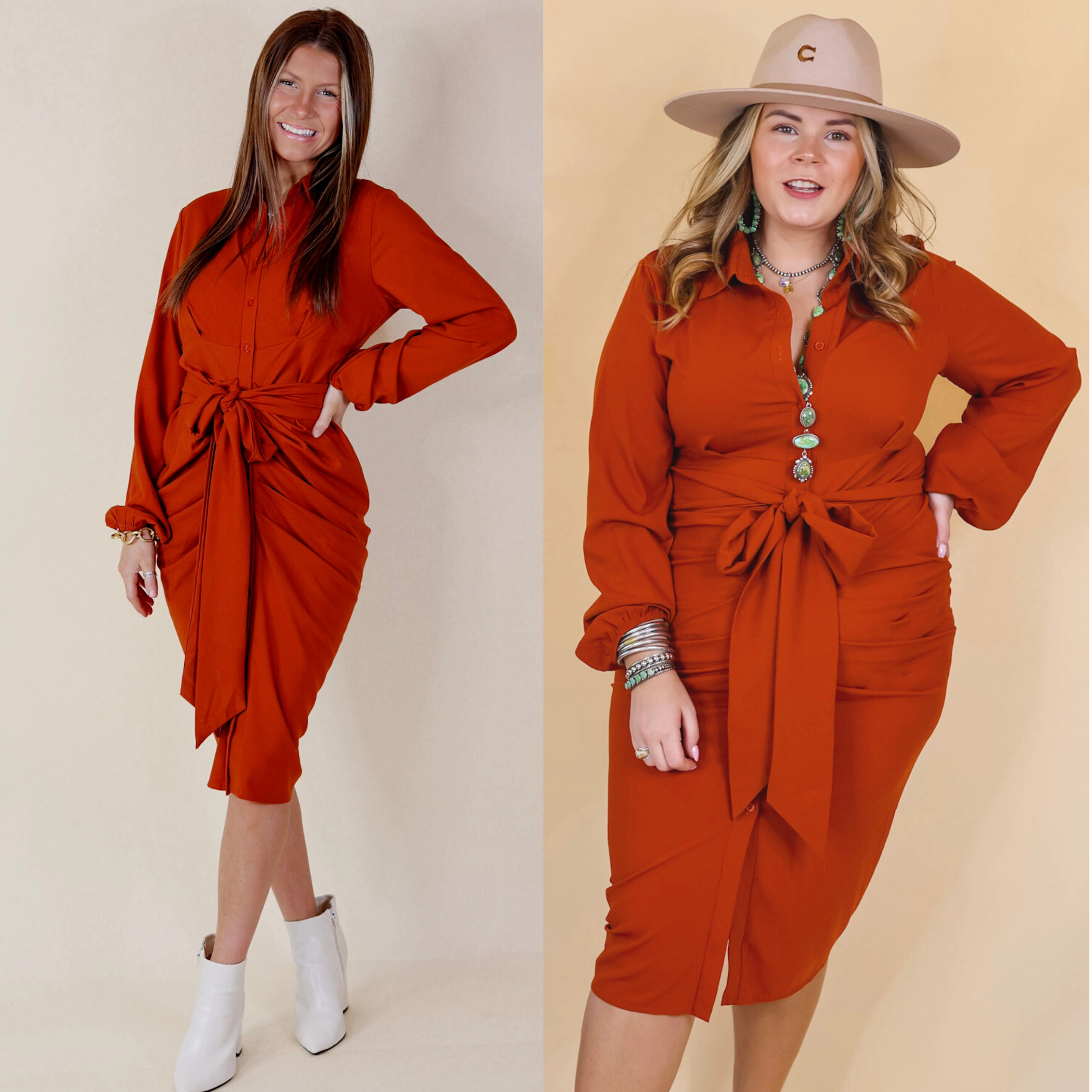 Wide Hemline Soft Comfort Last Chance Size Small & Medium | Heart On The Line Button Up Ruched Front Midi Dress with Waist Tie in Rust Orange