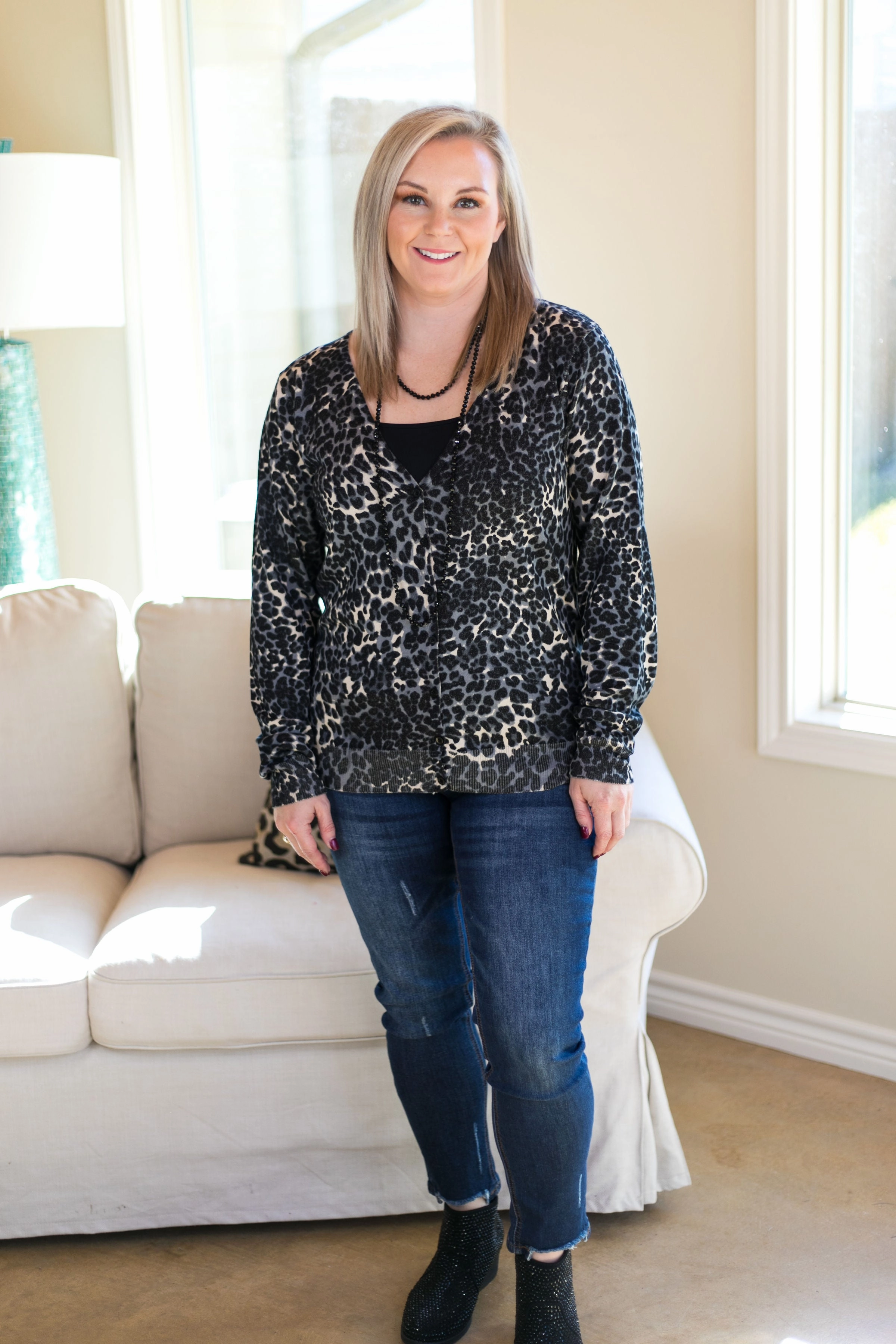 Seamless transition Team Vibe Last Chance Size Small & Medium | In Your Scope Leopard Cardigan in Black