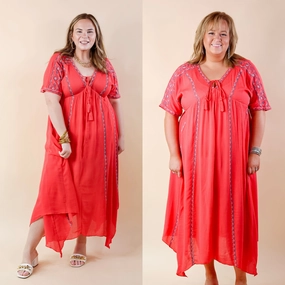 Family Style London Edge LAST CHANCE SIZE SMALL & MEDIUM | Just For You Embroidered Maxi Dress with Tassel Tie Neck in Coral