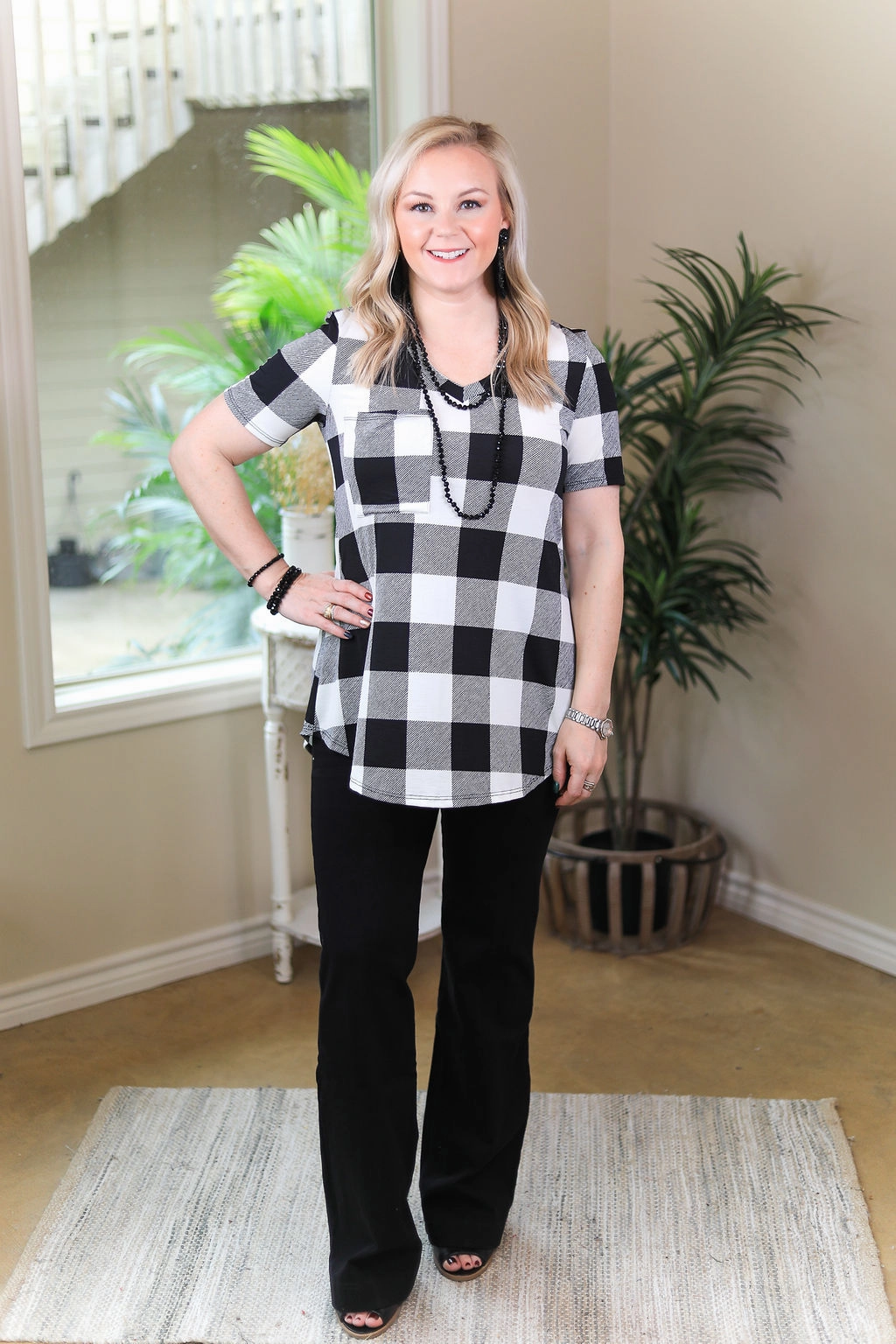 Last Chance Size Small & Medium | Just Right Short Sleeve Buffalo Plaid Print Pocket Tee in White Casual Protection Easy Wear