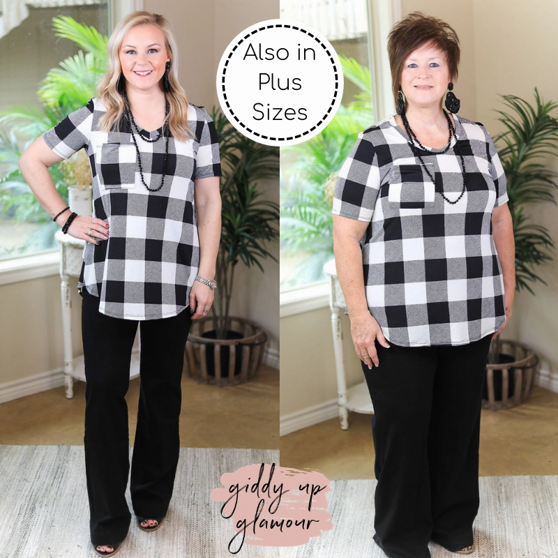 Net Fit Bride Side Last Chance Size Small & Medium | Just Right Short Sleeve Buffalo Plaid Print Pocket Tee in White