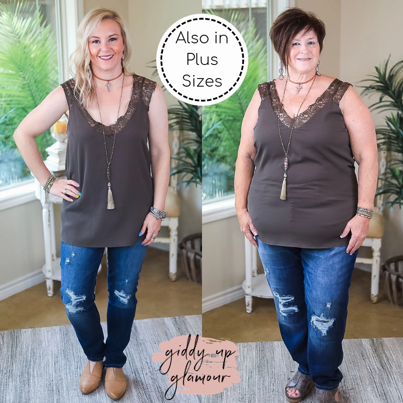 Last Chance Size Small & Medium | On Replay Solid Color Camisole with Lace Sleeves in Olive Green Star Fit