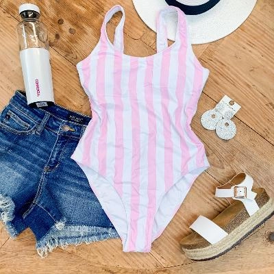 Elastic cuffs Net Fit Last Chance Size Small & Medium | Paradise Pier Striped One Piece Swimsuit with Open Back in Pink