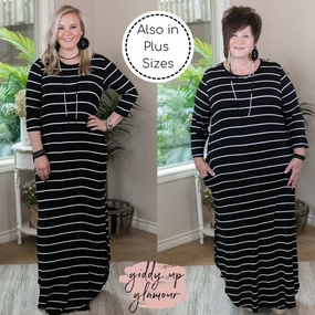 Last Chance Size Small & Medium | Set The Tone Stripe Maxi Dress with Pockets in Black Ocean Fit Casual Design