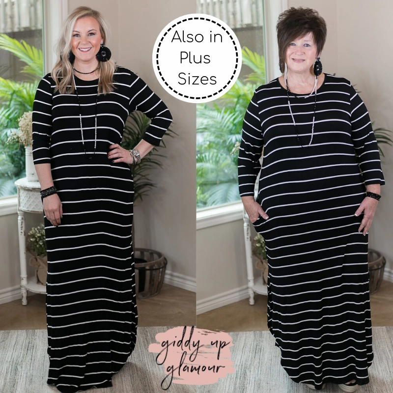 Last Chance Size Small & Medium | Set The Tone Stripe Maxi Dress with Pockets in Black Ocean Fit Casual Design