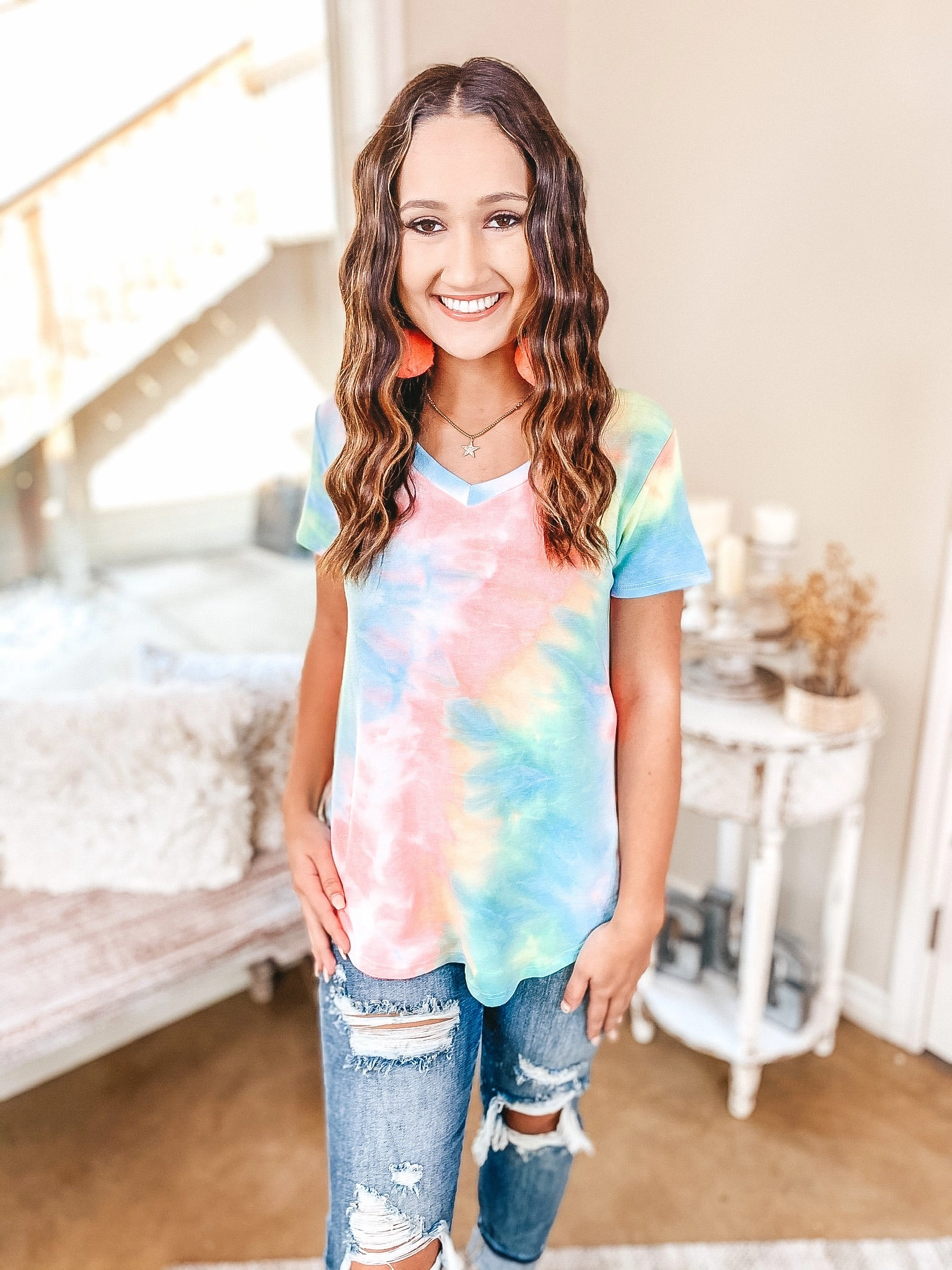 Last Chance Size Small & Medium | Simple Does It Tie Dye Short Sleeve V Neck Tee in Neon Pink and Blue ButterySoftTexture