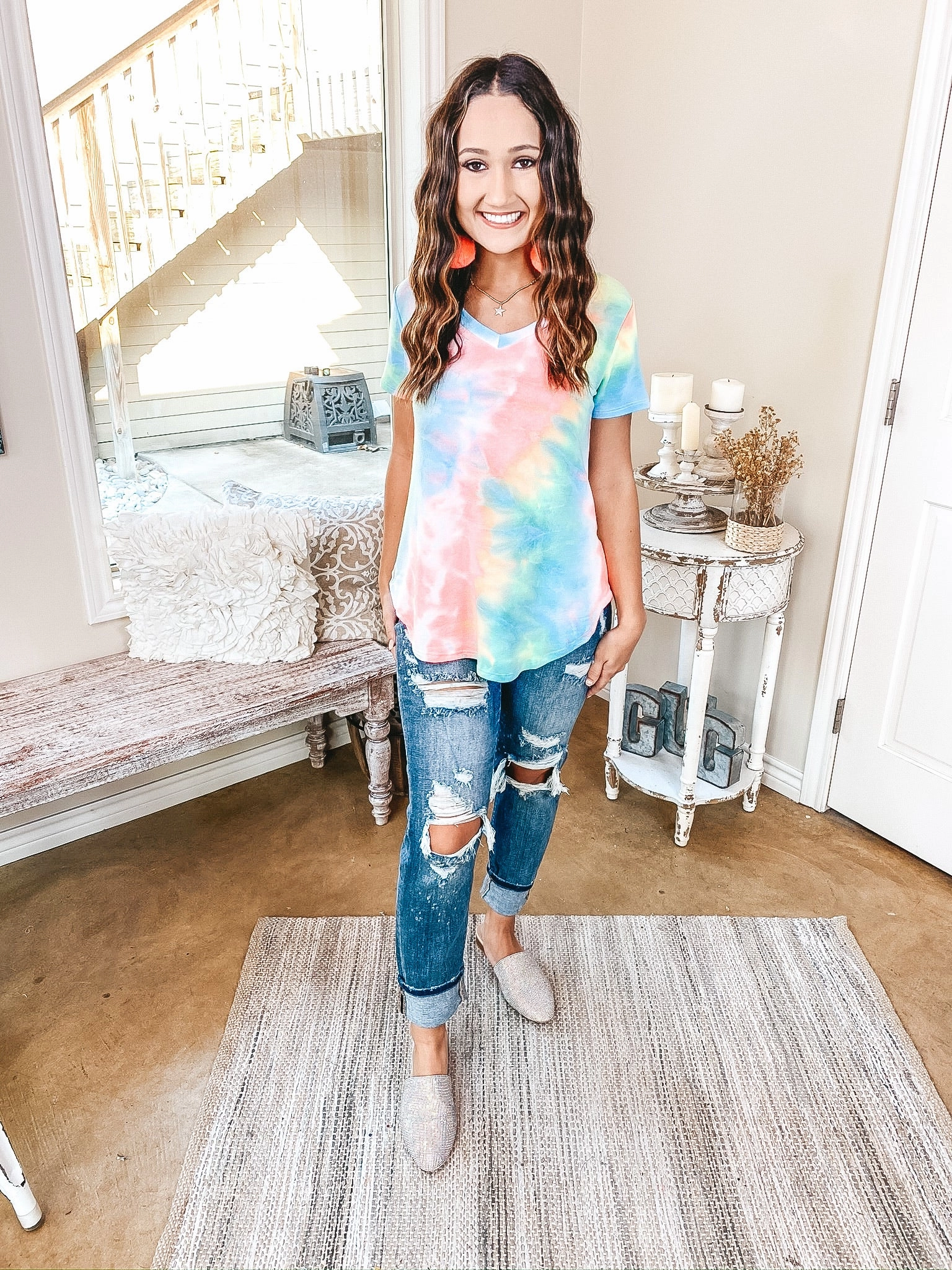 Last Chance Size Small & Medium | Simple Does It Tie Dye Short Sleeve V Neck Tee in Neon Pink and Blue breathable materials WaterRepellent Coating