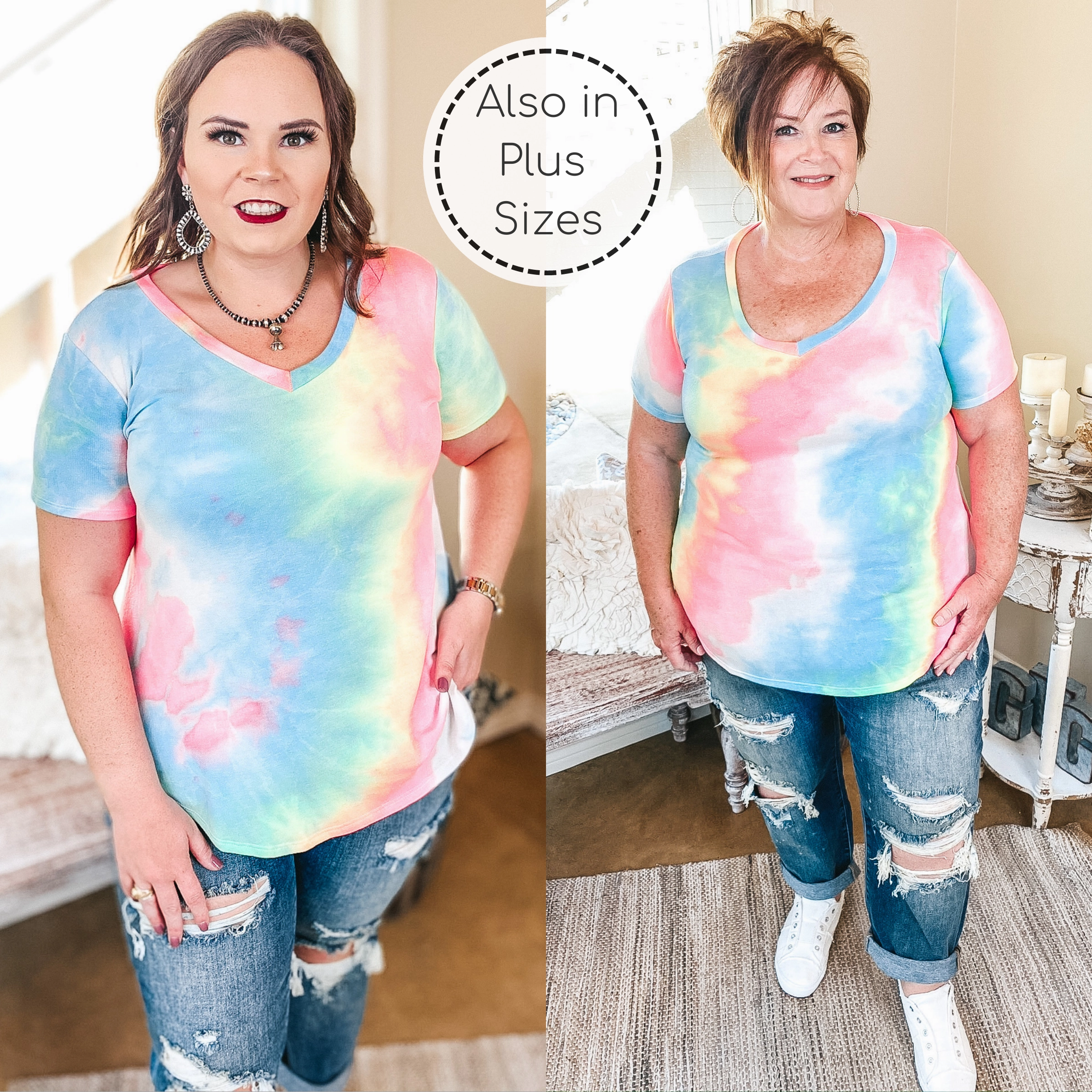 Fresh Ease Last Chance Size Small & Medium | Simple Does It Tie Dye Short Sleeve V Neck Tee in Neon Pink and Blue