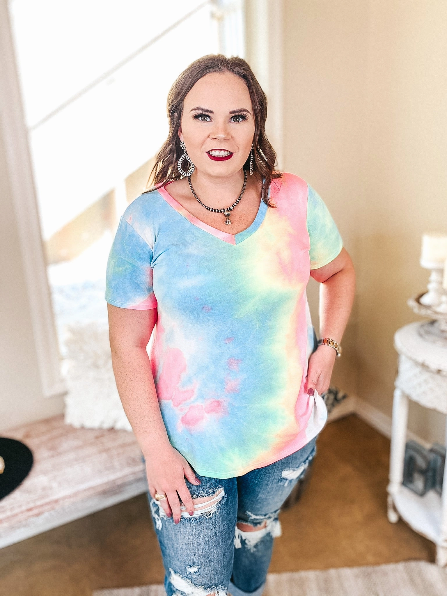 Last Chance Size Small & Medium | Simple Does It Tie Dye Short Sleeve V Neck Tee in Neon Pink and Blue QuickDryingTech Washable fabric