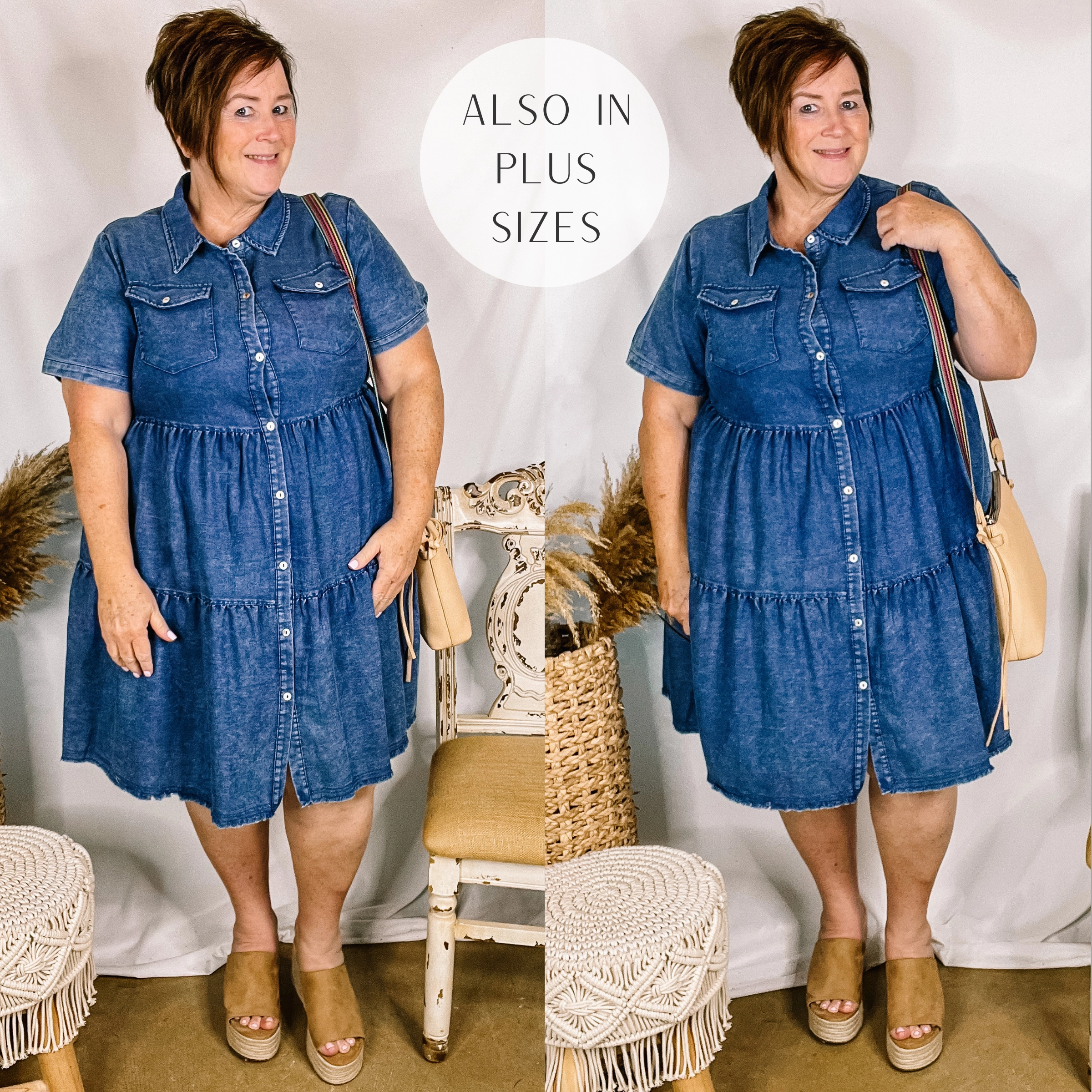 Last Chance Size Small & Medium | Still The One Ruffle Tiered Button Up Dress in Dark Wash Versatile Scarf Walk Mood