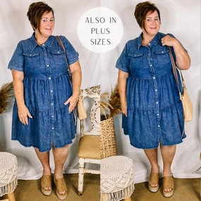 Last Chance Size Small & Medium | Still The One Ruffle Tiered Button Up Dress in Dark Wash Versatile Scarf Walk Mood