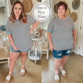 Last Chance Size Small & Medium | Sunday Drive Black and Ivory Striped Short Sleeve Top with Mint Trim Accessory Fashion