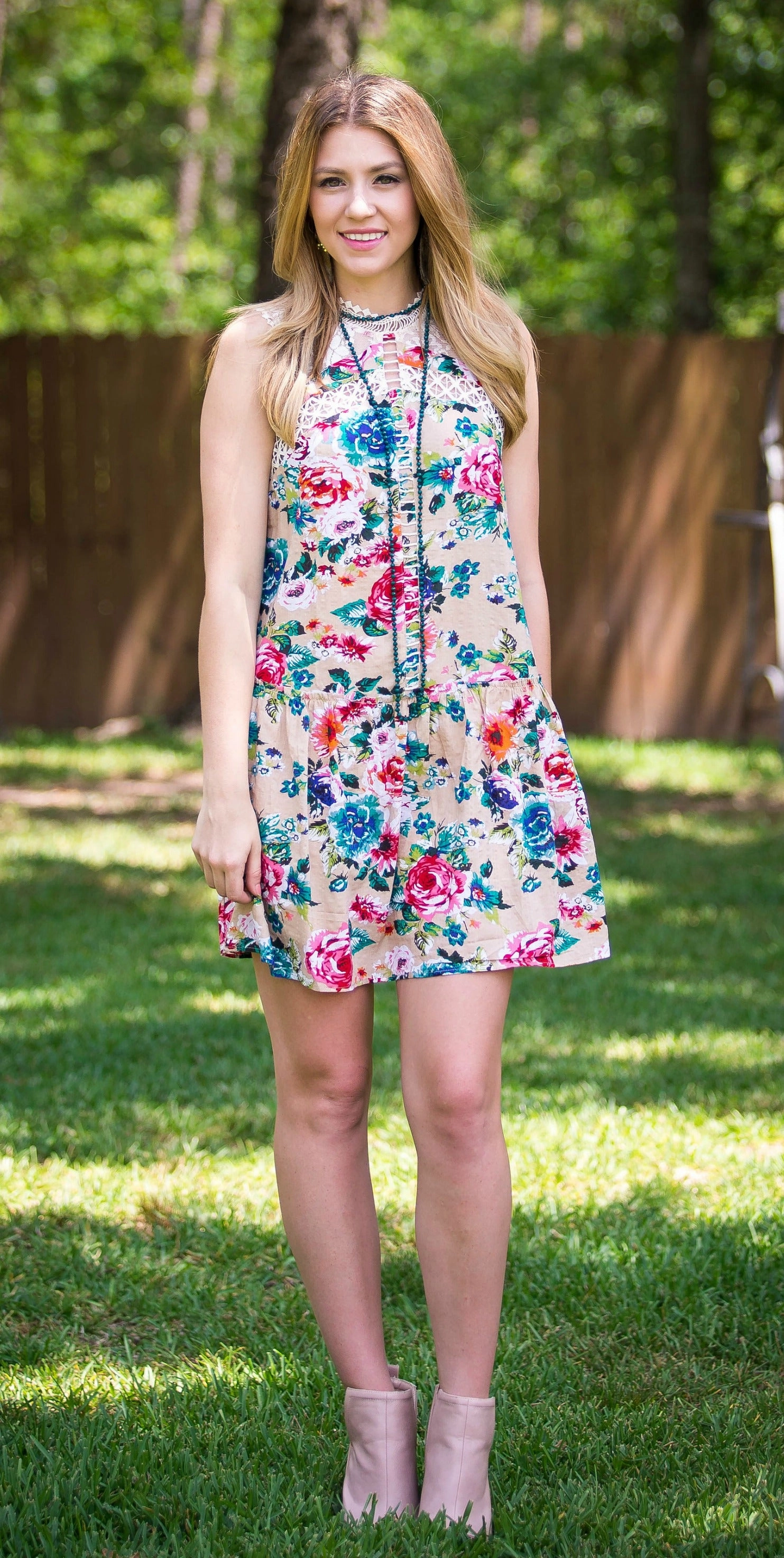 Last Chance Size Small & Medium | The Feeling of Spring Floral Dress in Tan Zoom Proper