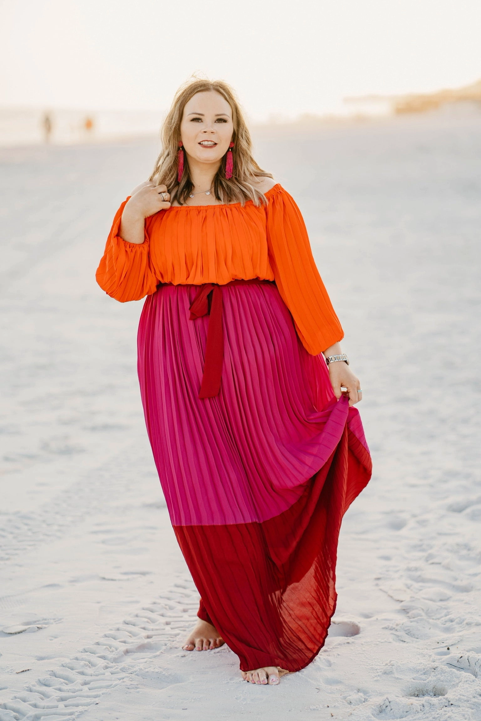 ThermalInsulated SoftTouch Texture Last Chance Size Small & Medium | Walk On The Bright Side Pleated Off the Shoulder Color Block Maxi Dress in Pink