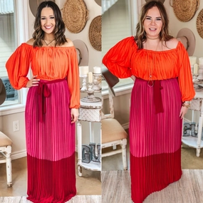 AntiPilling Surface Last Chance Size Small & Medium | Walk On The Bright Side Pleated Off the Shoulder Color Block Maxi Dress in Pink