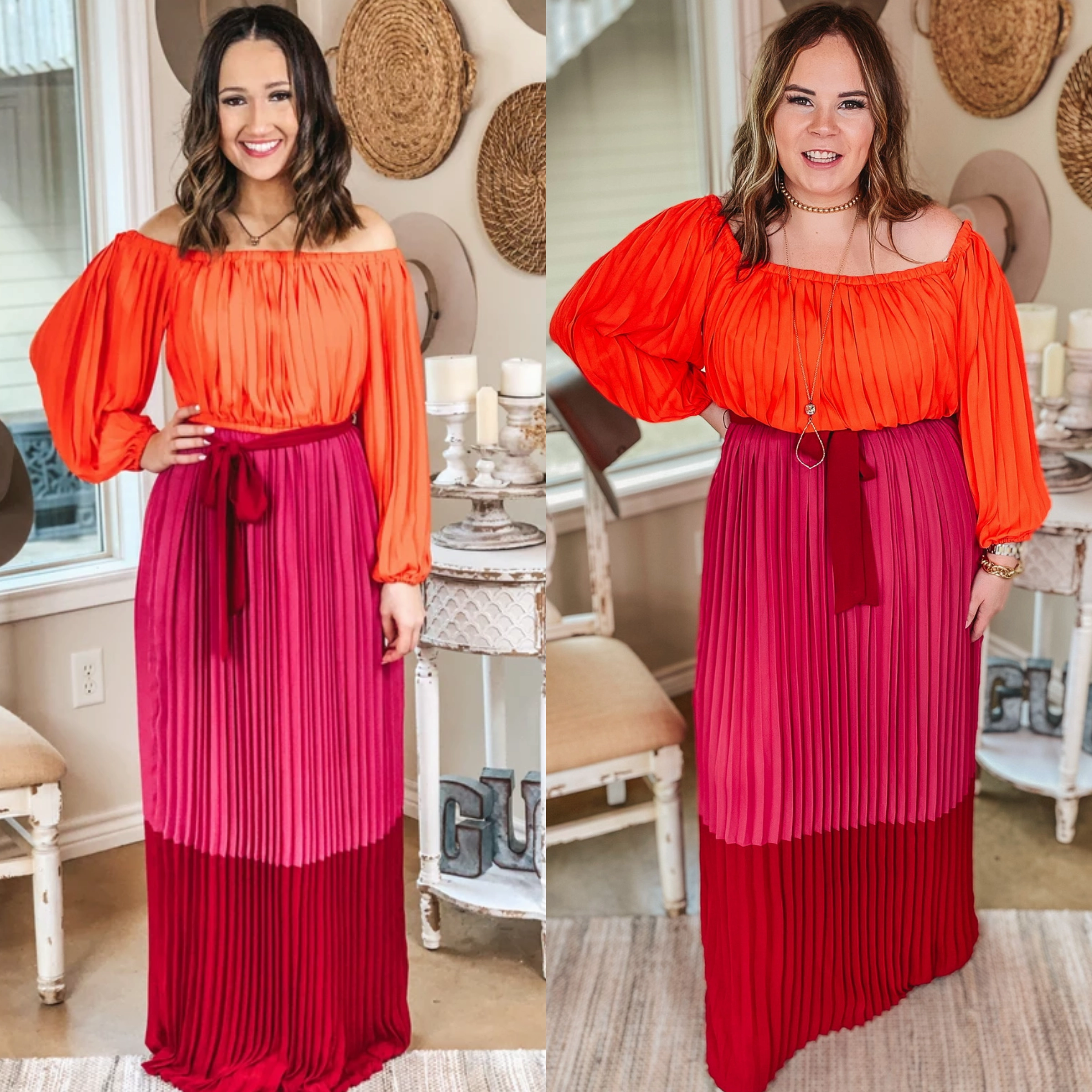 AntiPilling Surface Last Chance Size Small & Medium | Walk On The Bright Side Pleated Off the Shoulder Color Block Maxi Dress in Pink