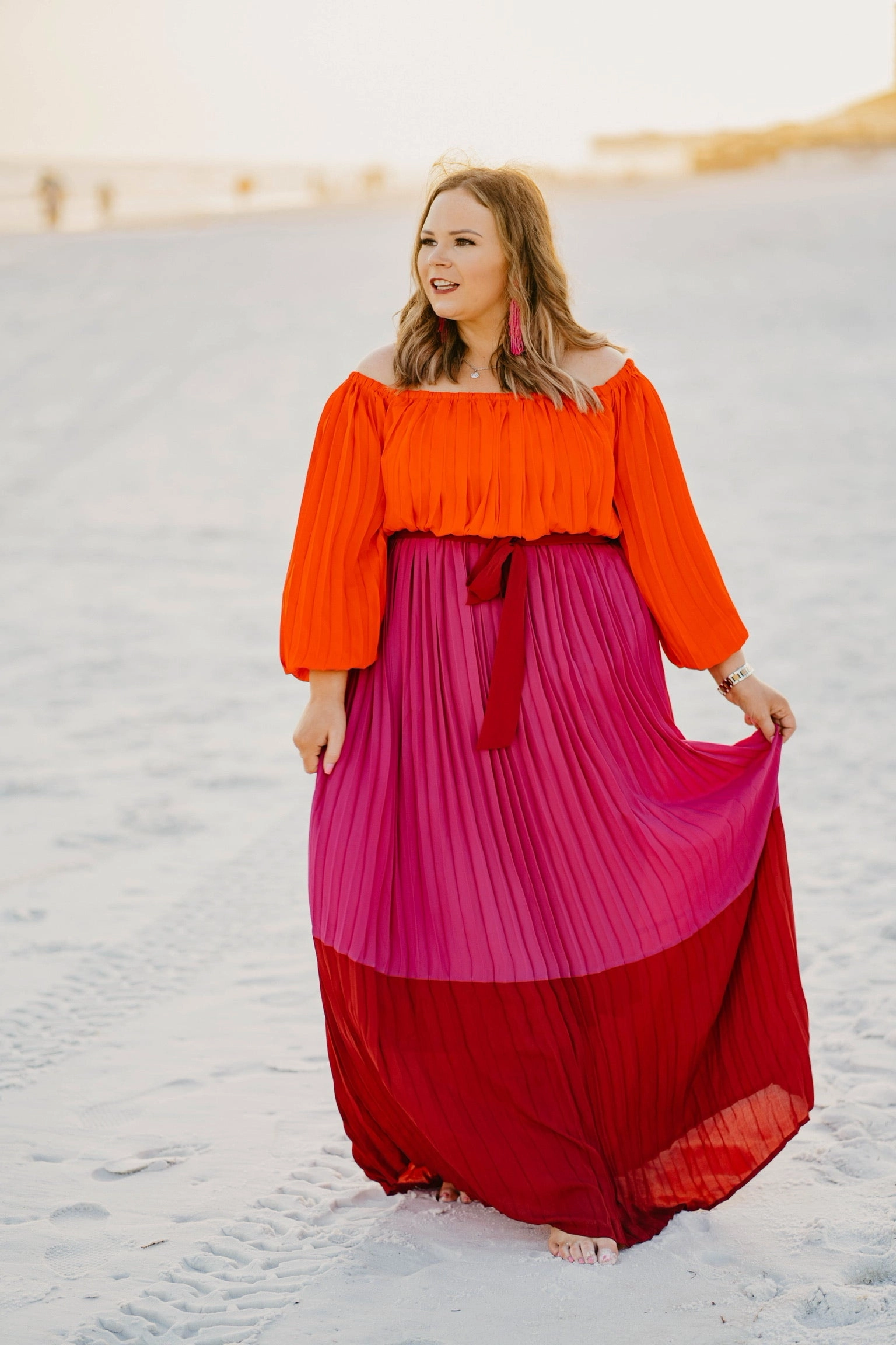 Ventilated Back Panel HighVisibility Trim Last Chance Size Small & Medium | Walk On The Bright Side Pleated Off the Shoulder Color Block Maxi Dress in Pink