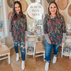 Last Chance Size Small & Medium | Weekend Highlight Multi Color Lightning Bolt Long Sleeve Hoodie in Charcoal Grey Reflective details Fame Glow