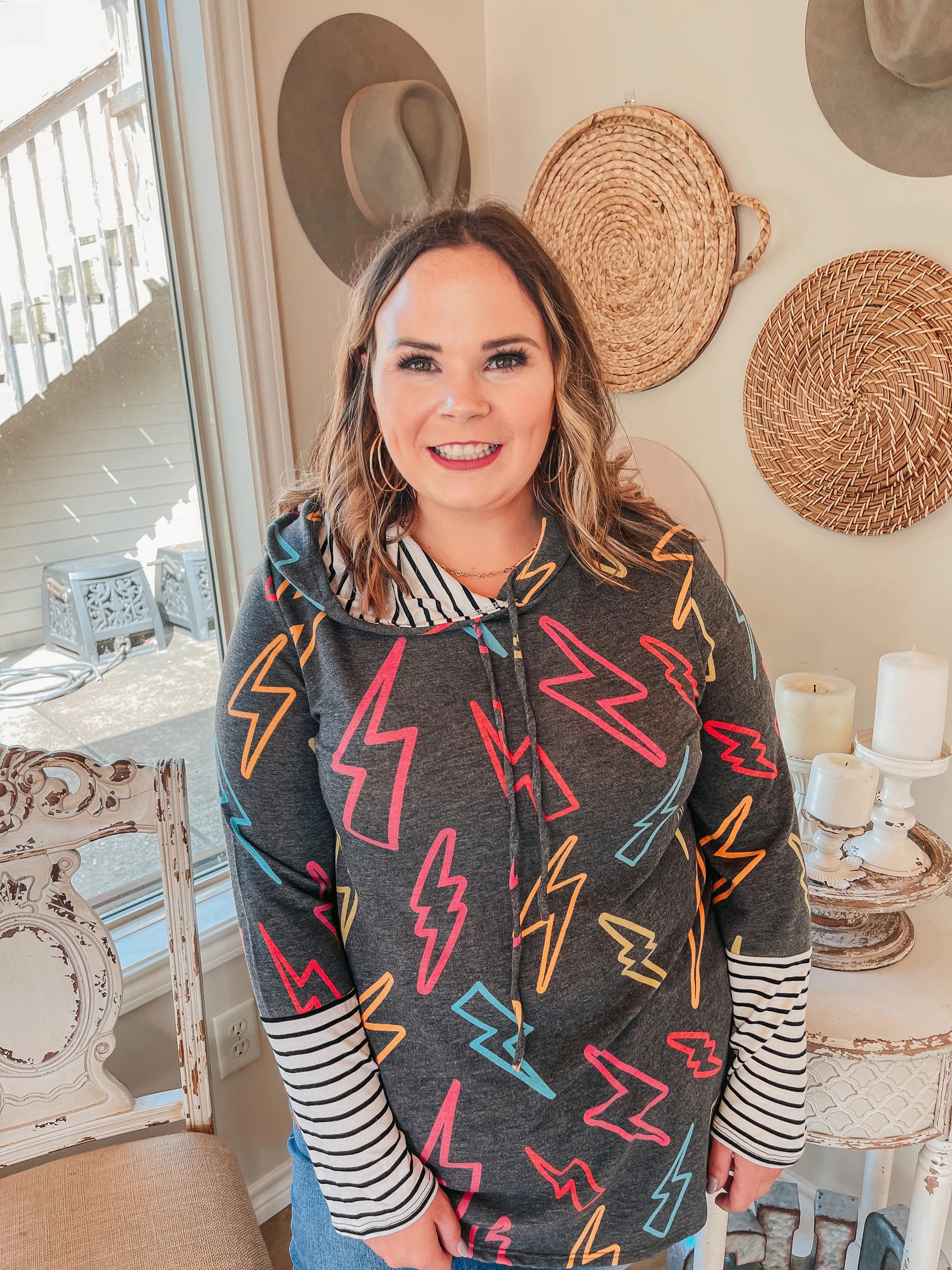 Last Chance Size Small & Medium | Weekend Highlight Multi Color Lightning Bolt Long Sleeve Hoodie in Charcoal Grey Spark Soul