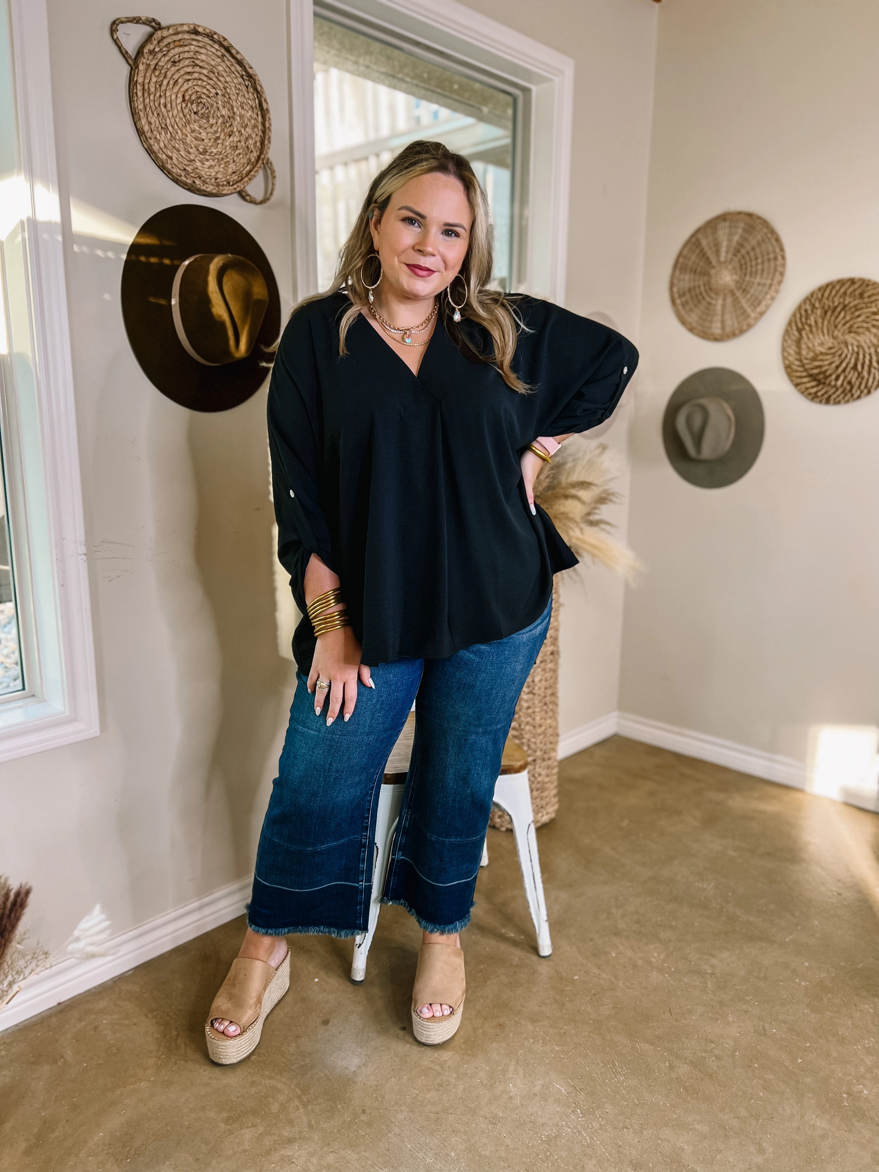 Pure Tone Last Chance Size Small & Medium | Weekend Out V Neck Placket 3/4 Sleeve Top in Black