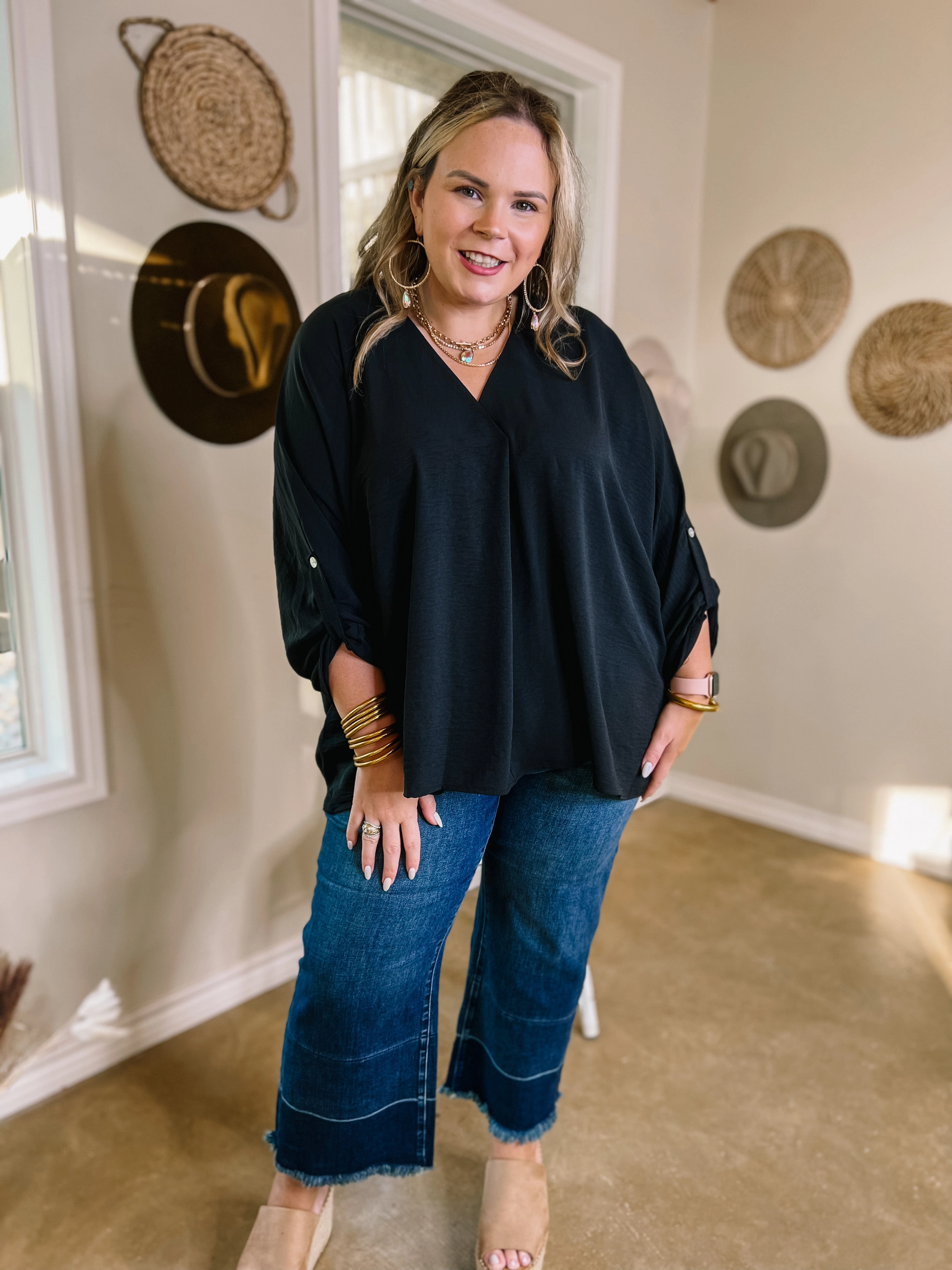 Last Chance Size Small & Medium | Weekend Out V Neck Placket 3/4 Sleeve Top in Black Strong Denim Nordic Light