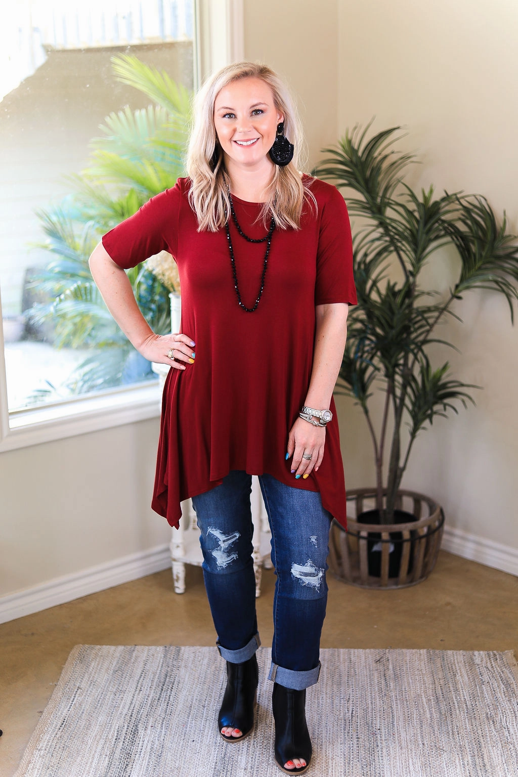 4Way Stretch Effortless Fashion Last Chance Size Small & Medium | Whenever This Happens Solid Handkerchief Tunic Top in Maroon
