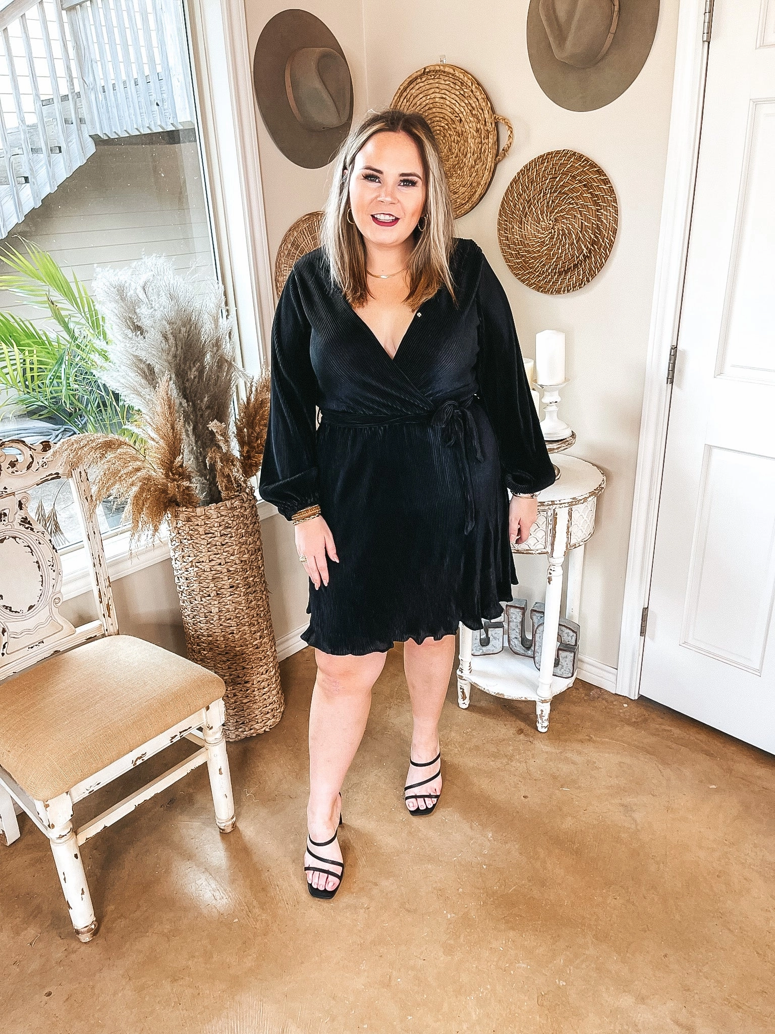 Last Chance Size Small and 2XL | Learning Something New Pleated Long Sleeve V Neck Dress in Black Cozy Pajama Pants