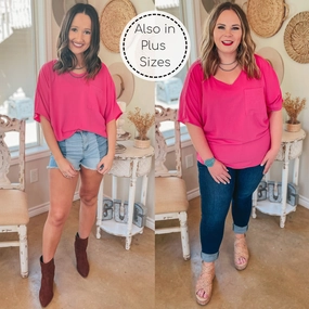 NonSlipTrims Last Chance Size Small and 2XL | On Record V Neck Short Sleeve Shift Top with Front Pocket in Fuchsia