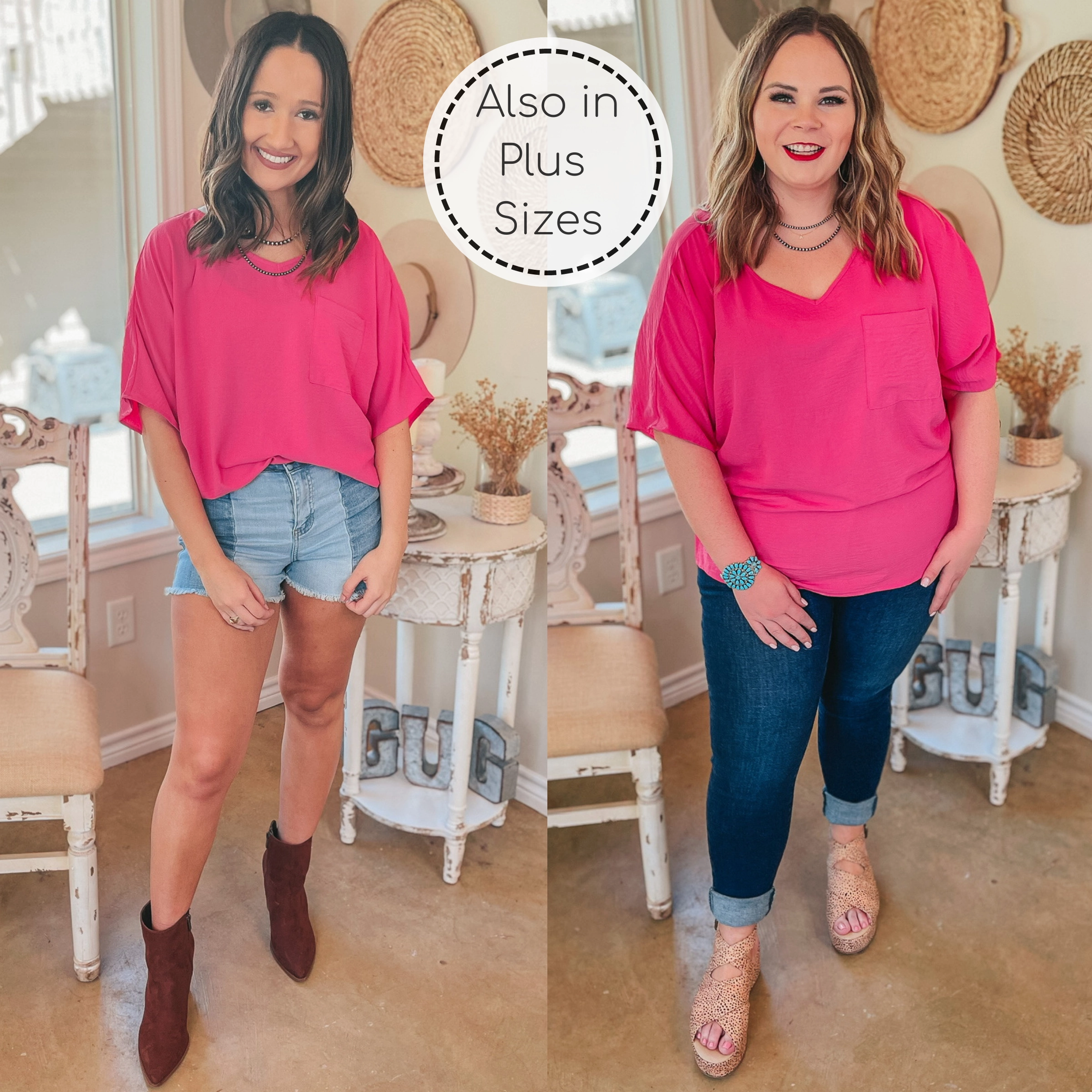 NonSlipTrims Last Chance Size Small and 2XL | On Record V Neck Short Sleeve Shift Top with Front Pocket in Fuchsia