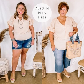 Water Soul Last Chance Size Small and 3XL | Tuscan Time Ruffle Short Sleeve Top in Beige