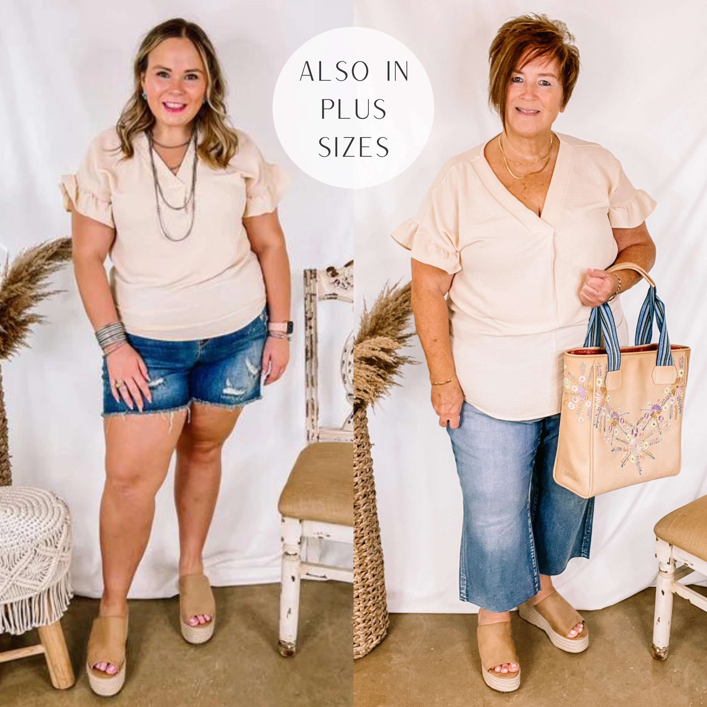 Last Chance Size Small and 3XL | Tuscan Time Ruffle Short Sleeve Top in Beige Flexible Outerwear