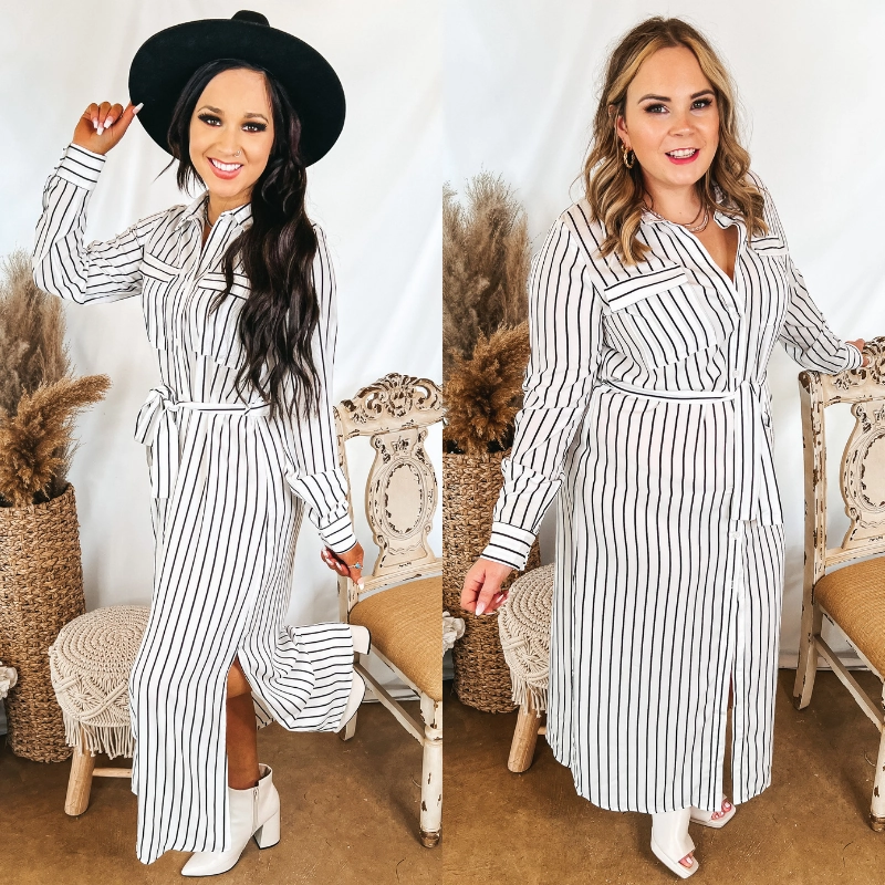 Last Chance Size Small and Medium | Dreaming of You Striped Button Up Maxi Dress in White Hypoallergenic Interior Layer Snow Block