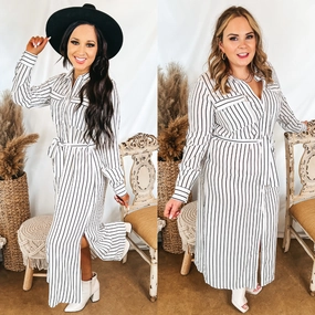 Last Chance Size Small and Medium | Dreaming of You Striped Button Up Maxi Dress in White Wild Mood Weather Ready