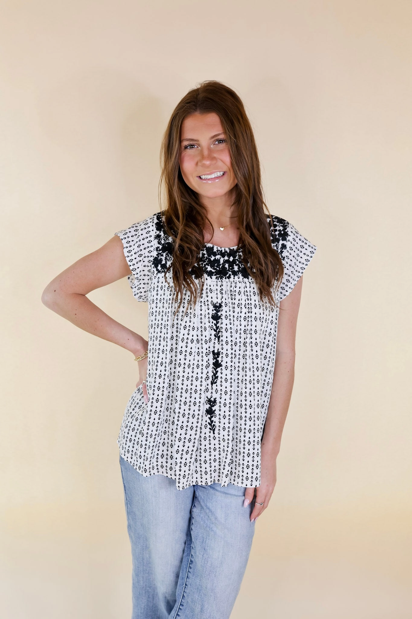 Dance Light Lightweight Layering Last Chance Size Small and Medium | Grab My Hand Ruffle Cap Sleeve Top with Floral Embroidery in White